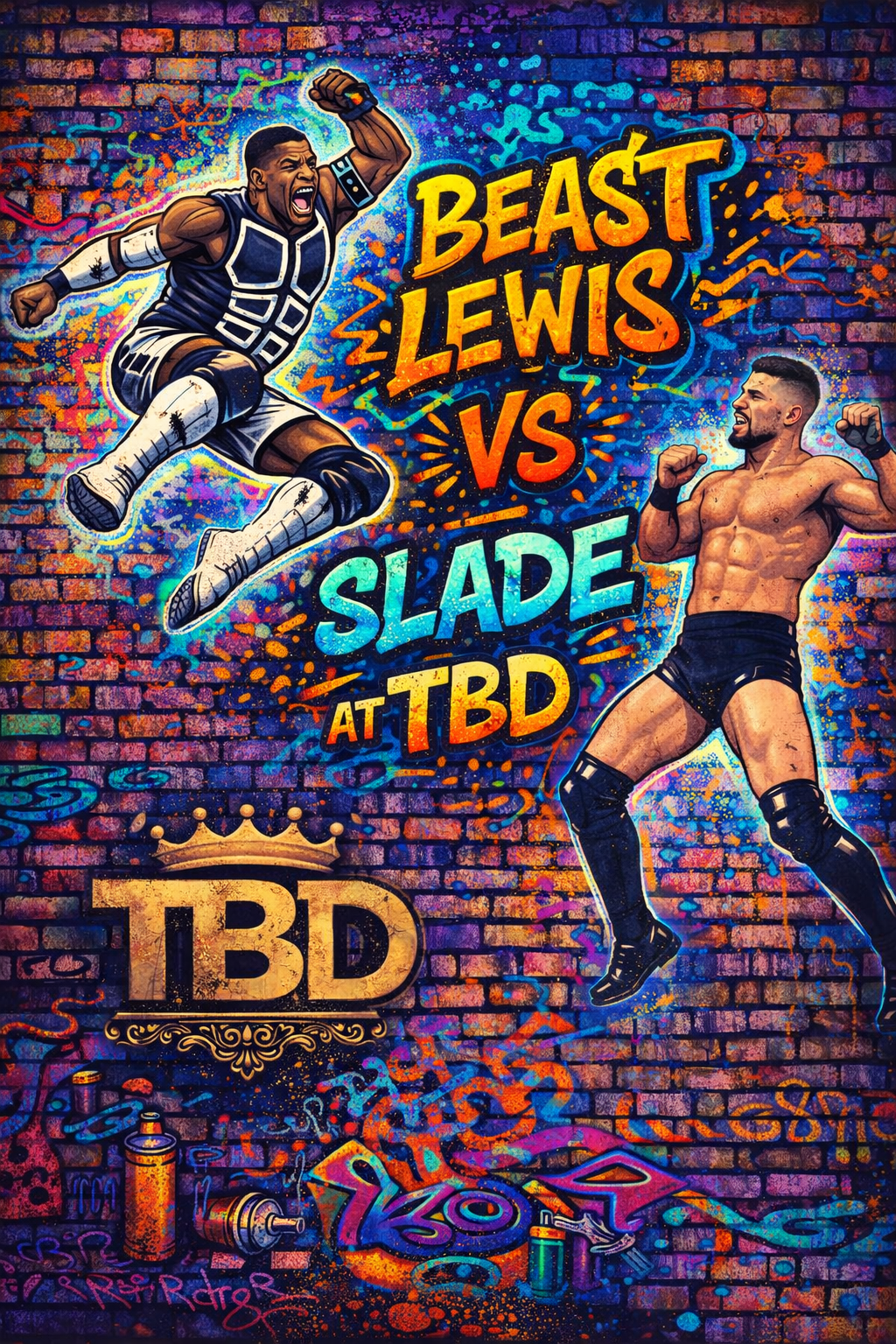 Promotional poster for a wrestling event featuring two athletes against a graffiti-covered wall background.