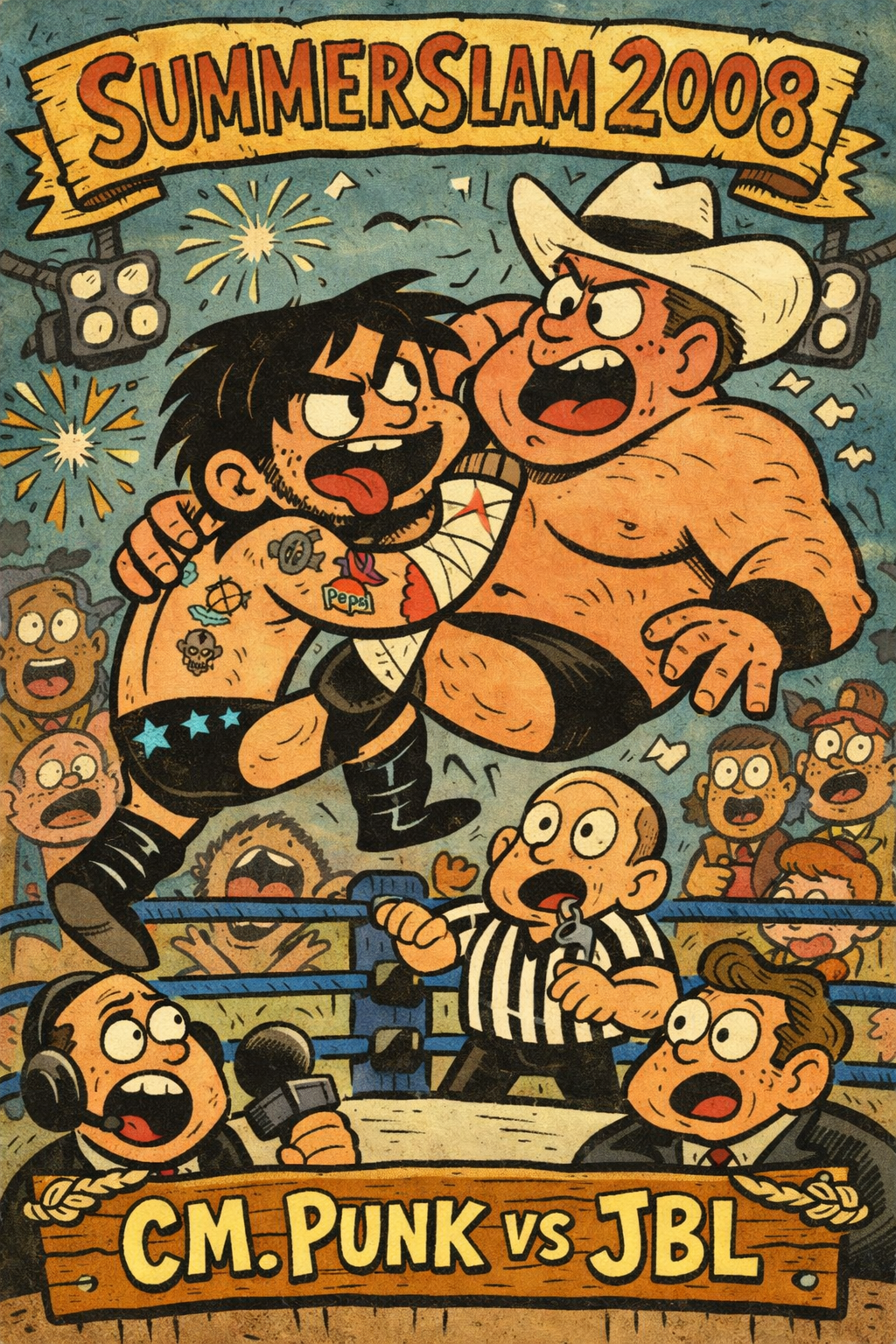 CM Punk vs JBL – SummerSlam 2008 Poster | Anime WWE Wrestling Tribute Wall Art – IBGSHOP Studio