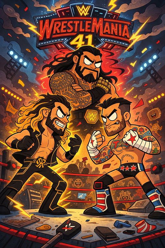 Roman Reigns vs Seth Rollins vs CM Punk – WrestleMania 41 Triple Threat Poster | CAMP LAZLO WWE Wall Art – IBGSHOP Studio