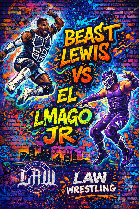 Beast Lewis vs El Mago Jr – LAW Wrestling Graffiti Poster | Street Art Wrestling Wall Art – IBGSHOP Studio
