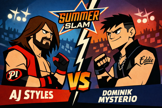 Promotional graphic for a Summer Slam event featuring AJ Styles and Dominik Mysterio.