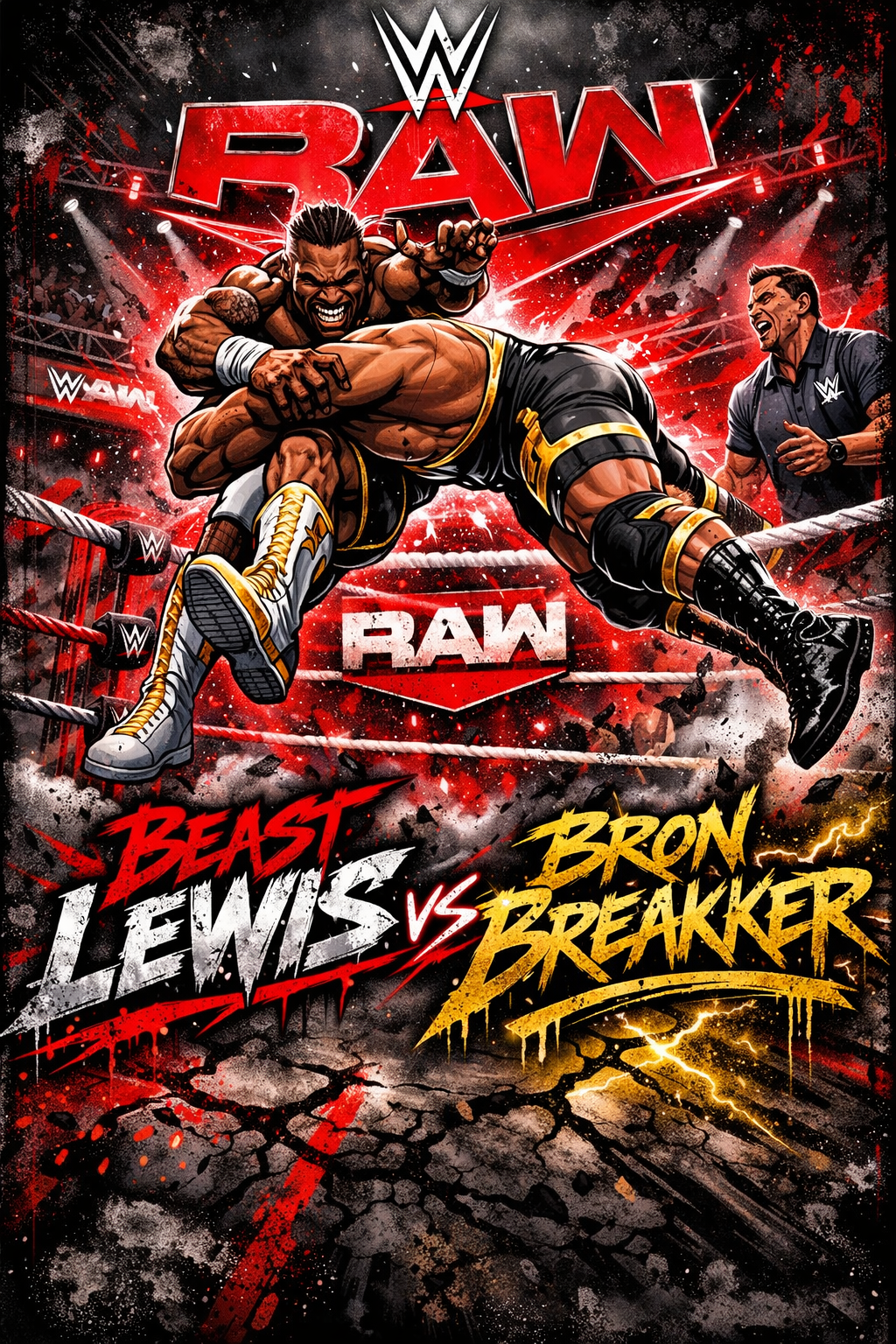Beast Lewis vs Bron Breakker – WWE RAW Dream Match Poster | Wrestling Wall Art – IBGSHOP Studio