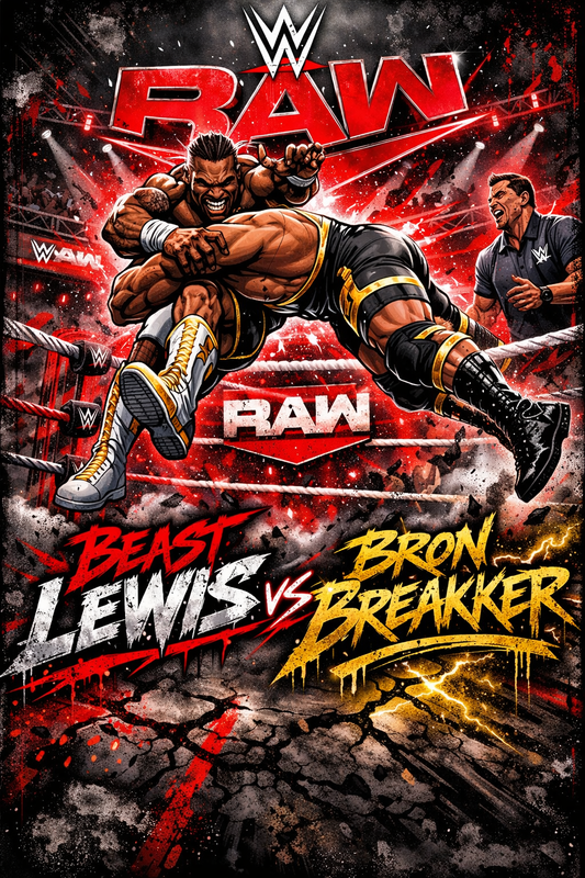 Beast Lewis vs Bron Breakker – WWE RAW Dream Match Poster | Wrestling Wall Art – IBGSHOP Studio